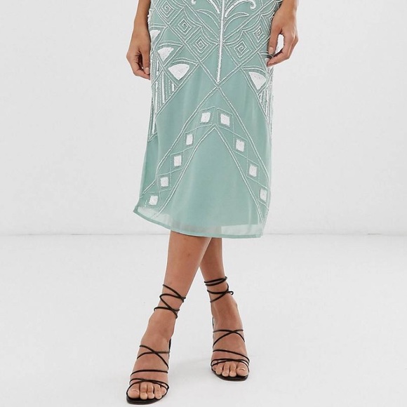 Beaded Midi Cocktail Dress - Mint Green - Picture 5 of 5